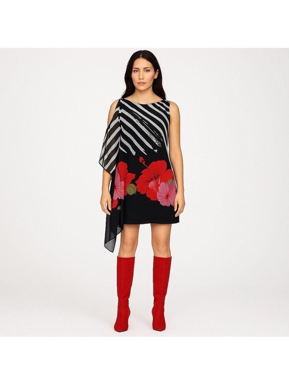 Frank Lyman asymmetrical floral chiffon dress black white red pink stripes size8